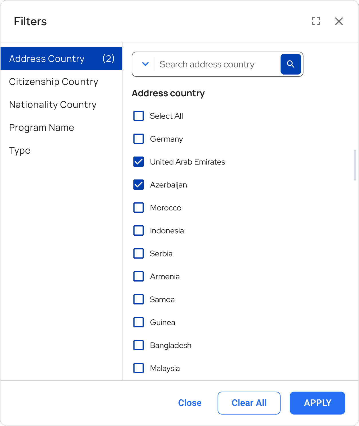 Filter panel showing address country selection with search, multi-select checkboxes, and apply options in the Facctum interface.