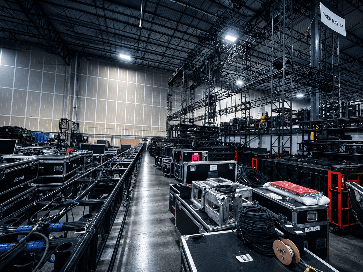 Nashville warehouse storing lighting and rigging equipment for UpLight Technologies productions