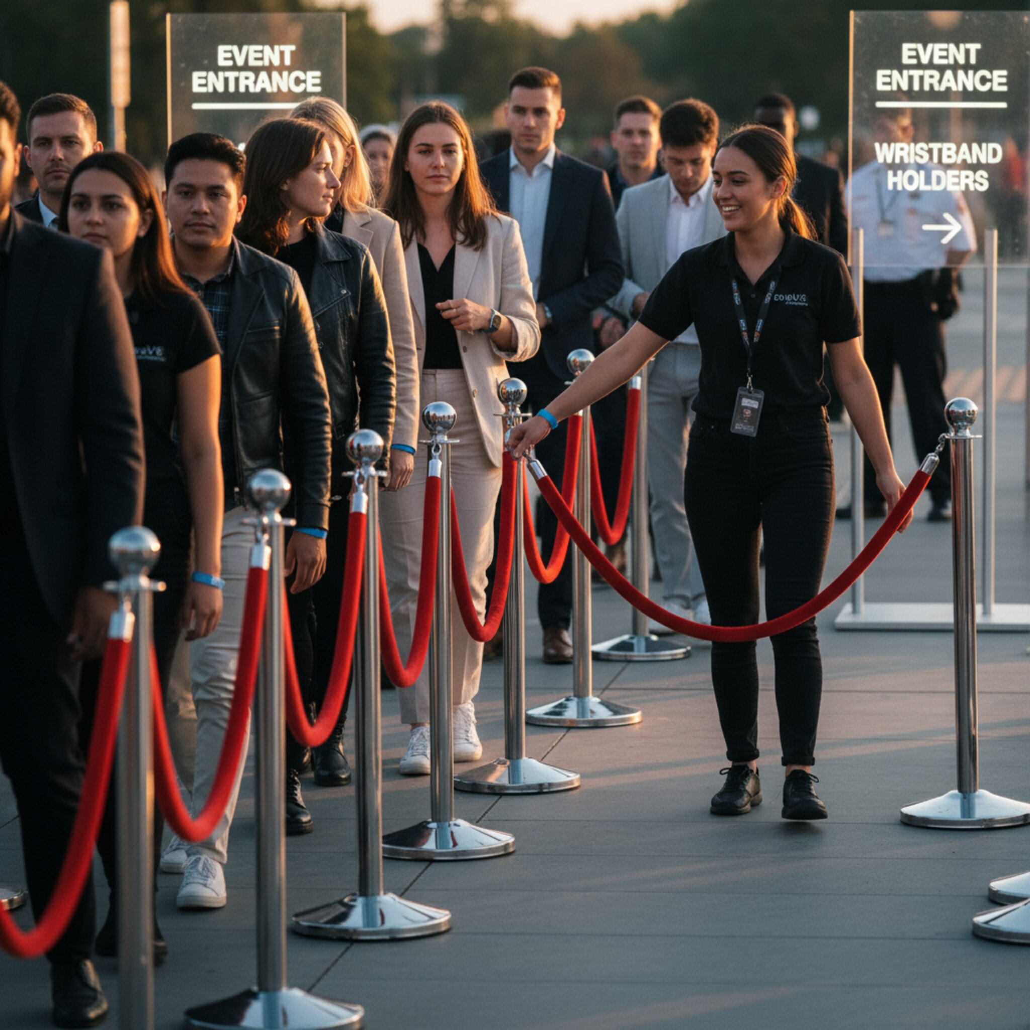 Ein geordneter Einlass mit Absperrbändern, die Menge bewegt sich zügig. Ein Teammitglied hebt die Kordel, Gäste mit Armbändern passieren freundlich. Klare Wegführung, sichtbare Bereiche und warmes Abendlicht. Die Szene vermittelt Tempo, Sicherheit und Übersicht.