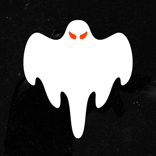 A white ghost with red eyes on a black textured background, creating a spooky Halloween theme.