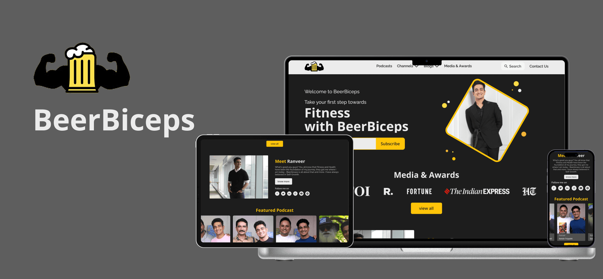 BeerBiceps website mockups across multiple devices.