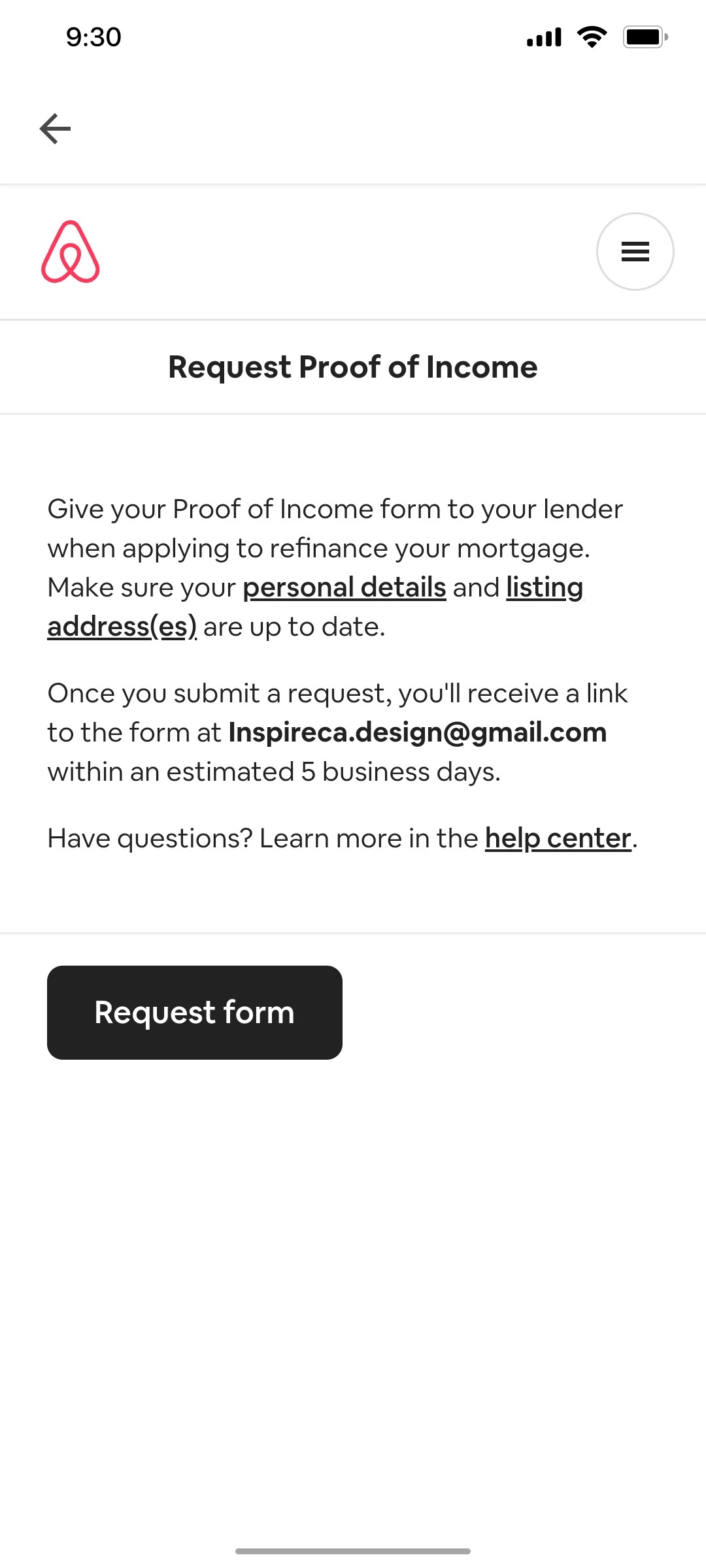 Airbnb Request Proof of income screen