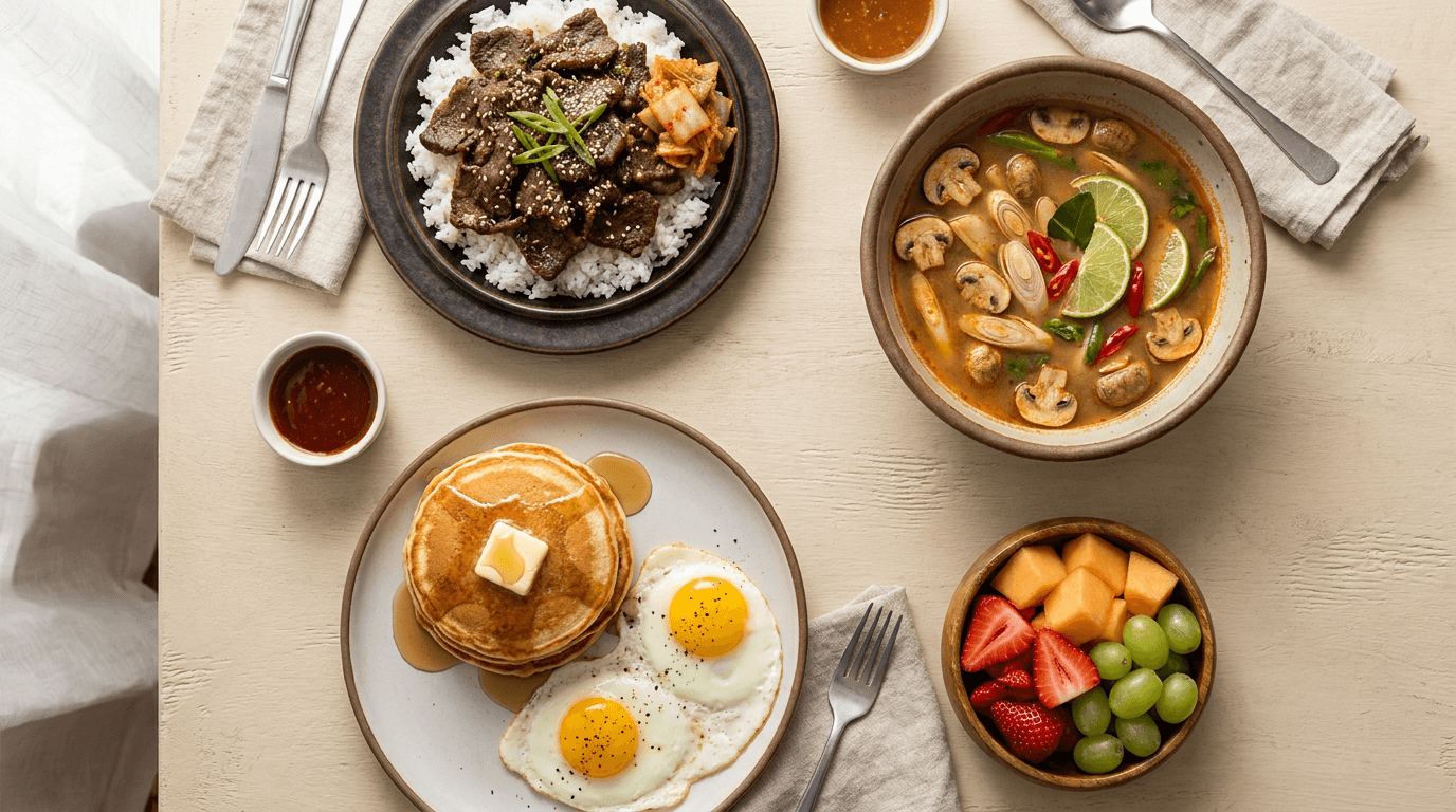 Overhead spread of school night dinner ideas for Friday flex night