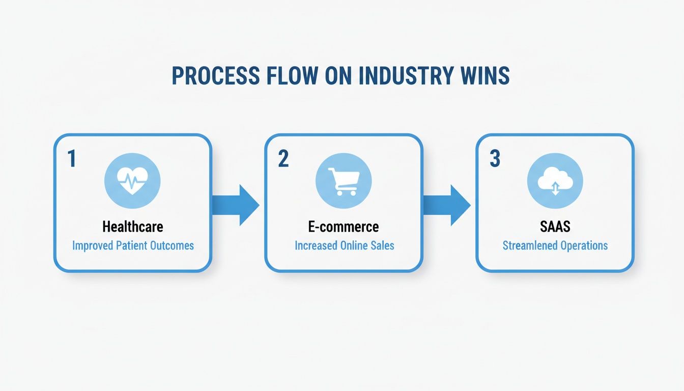 A process flow diagram showing industry wins in healthcare, e-commerce, and SAAS.