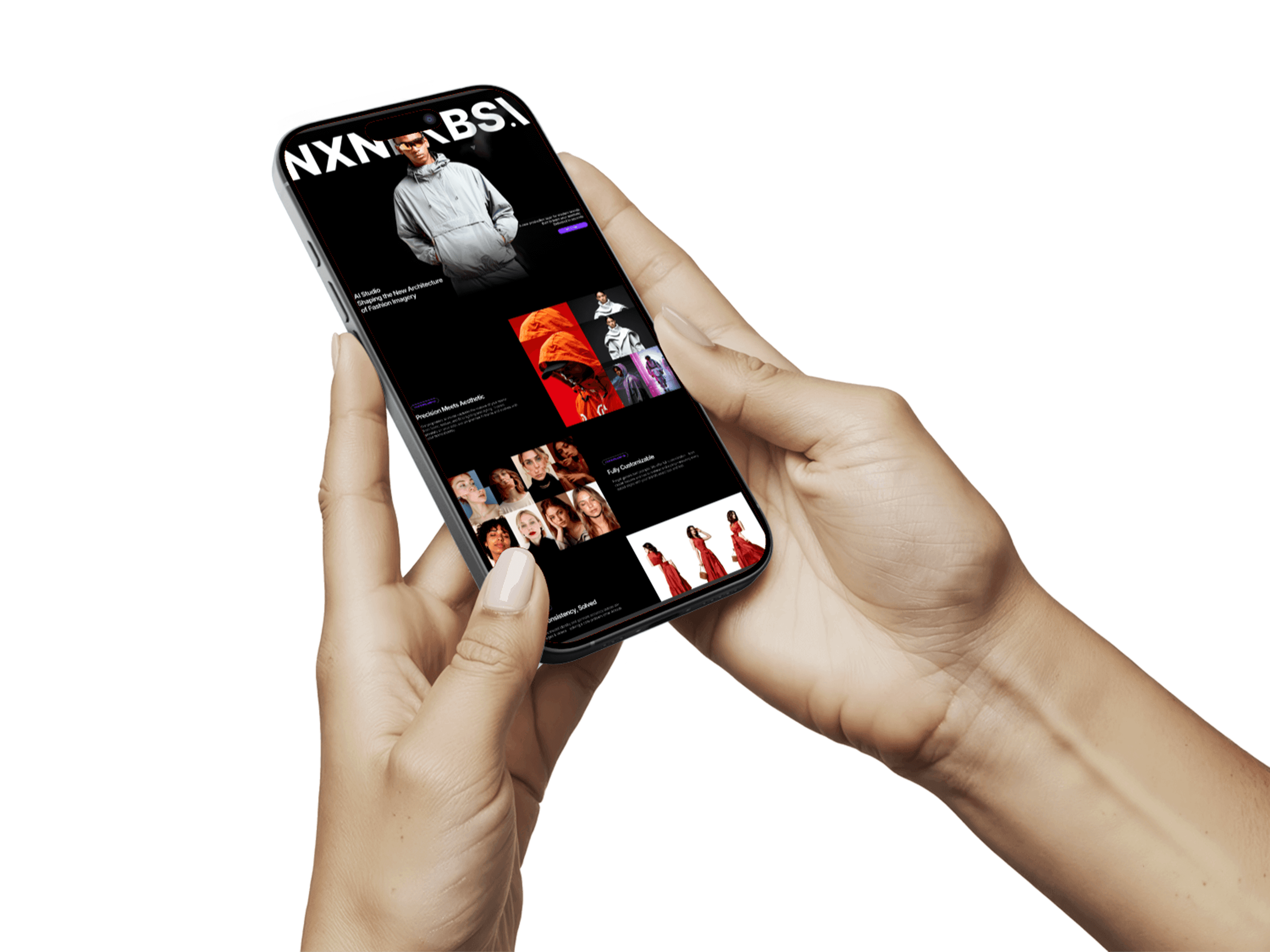 Hand holding a smartphone displaying a mobile UX/UI design for a fashion-focused digital product