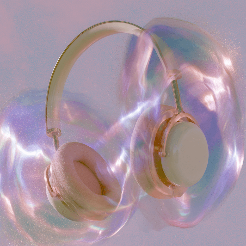 Headphones in iridescent sound waves representing binaural beats