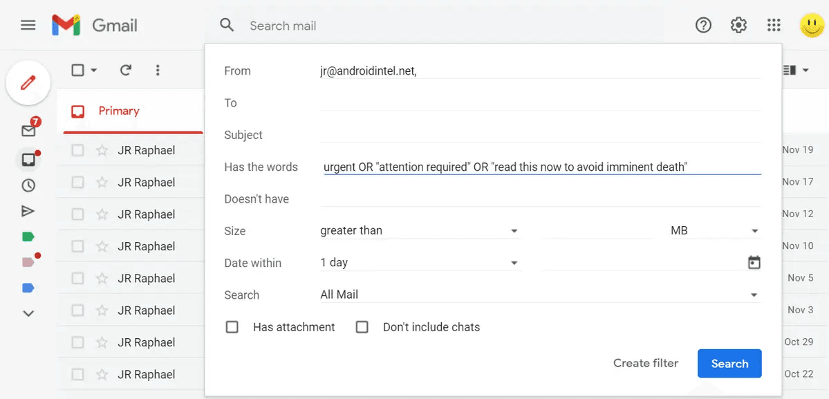 Screenshot showing the Gmail filter creation window with fields for From, To, Subject, Has the words, and options like Apply the label, Skip the Inbox