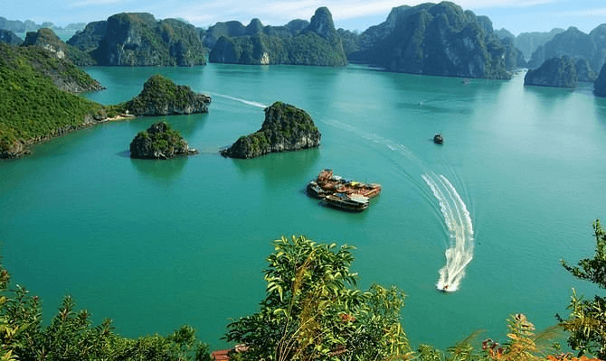 This image shows a scenic aerial view of Lan Ha Bay
