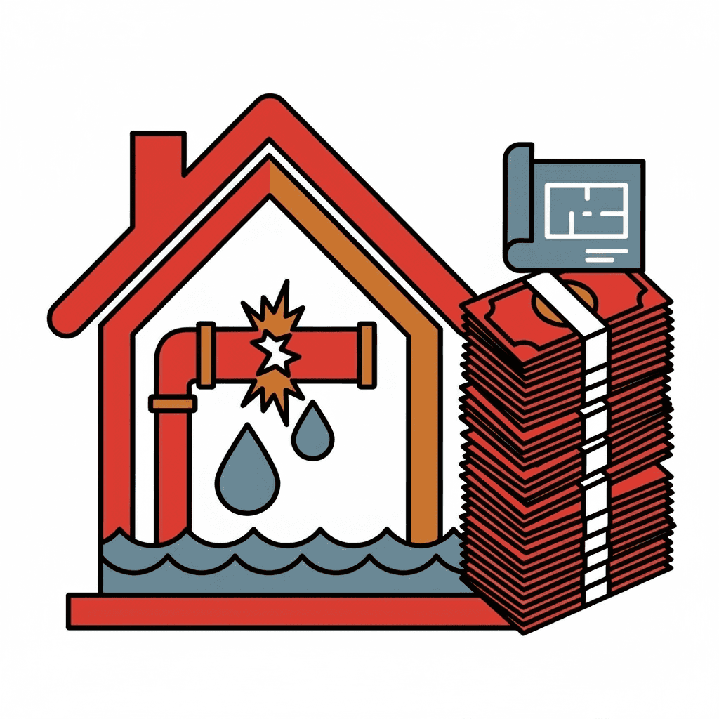 Haus mit Rohrbruch und Wasserschaden. Daneben symbolisieren ein hoher Geldstapel und ein Bauplan die teuren Reparaturkosten.