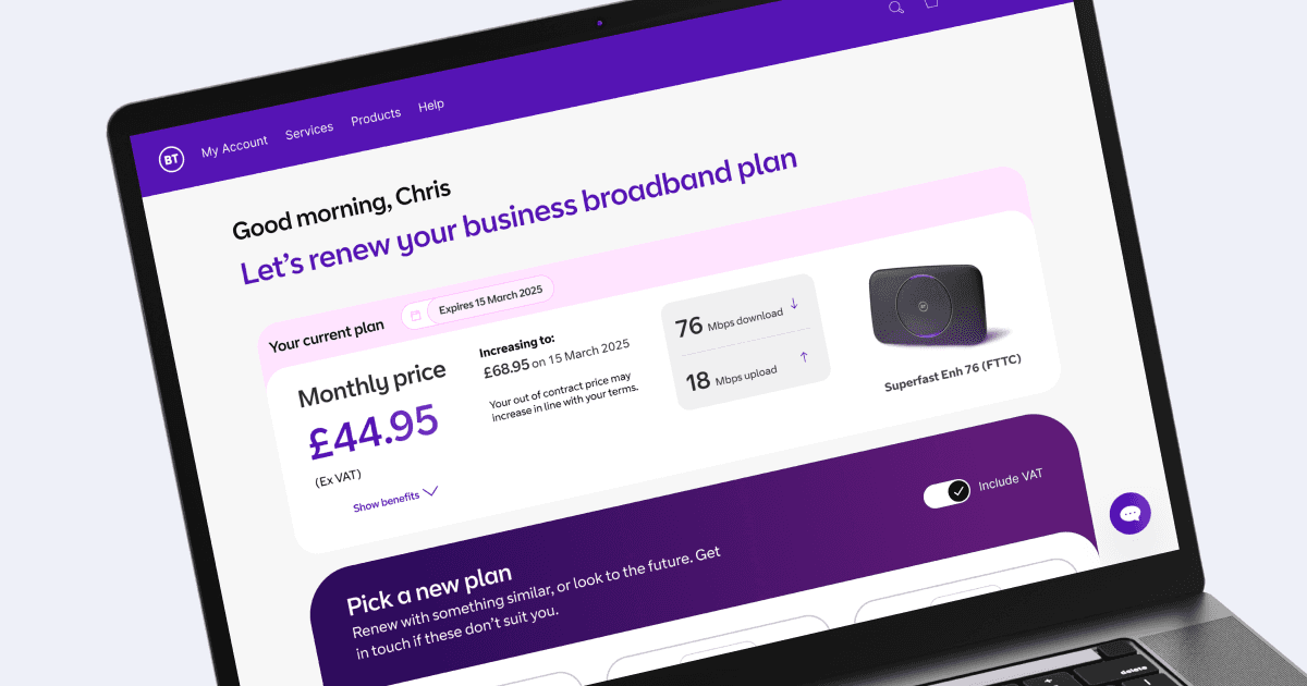 Render mockup of BT Business Renewal and start of the new digital serve checkout