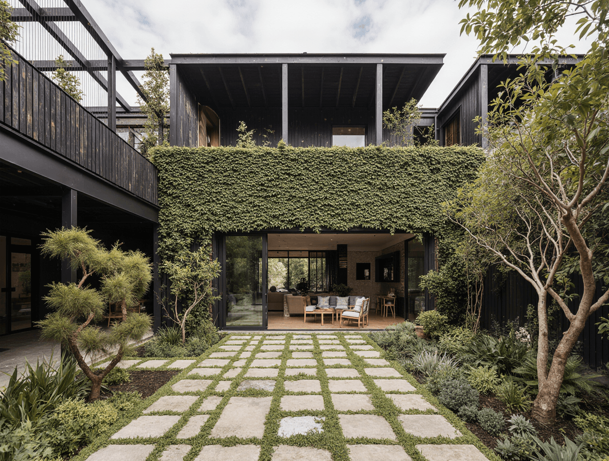 A modern residence framed by a lush vine-covered façade overlooking a geometric courtyard garden.