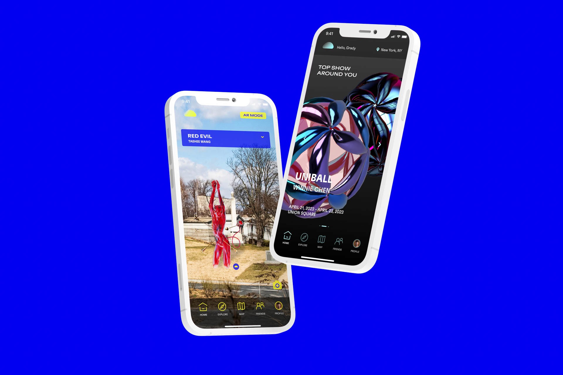 Two smartphones are displayed against a bright blue background. The phone on the left shows a “RED EVIL” screen with a stylized figure in a red outfit and a blue sky. The phone on the right displays “TOF SHOW AROUND YOU” with a colorful abstract graphic and text indicating the date and time: April 21, 2024, and April 24, 2024. Both phones have white bezels and display various app icons.