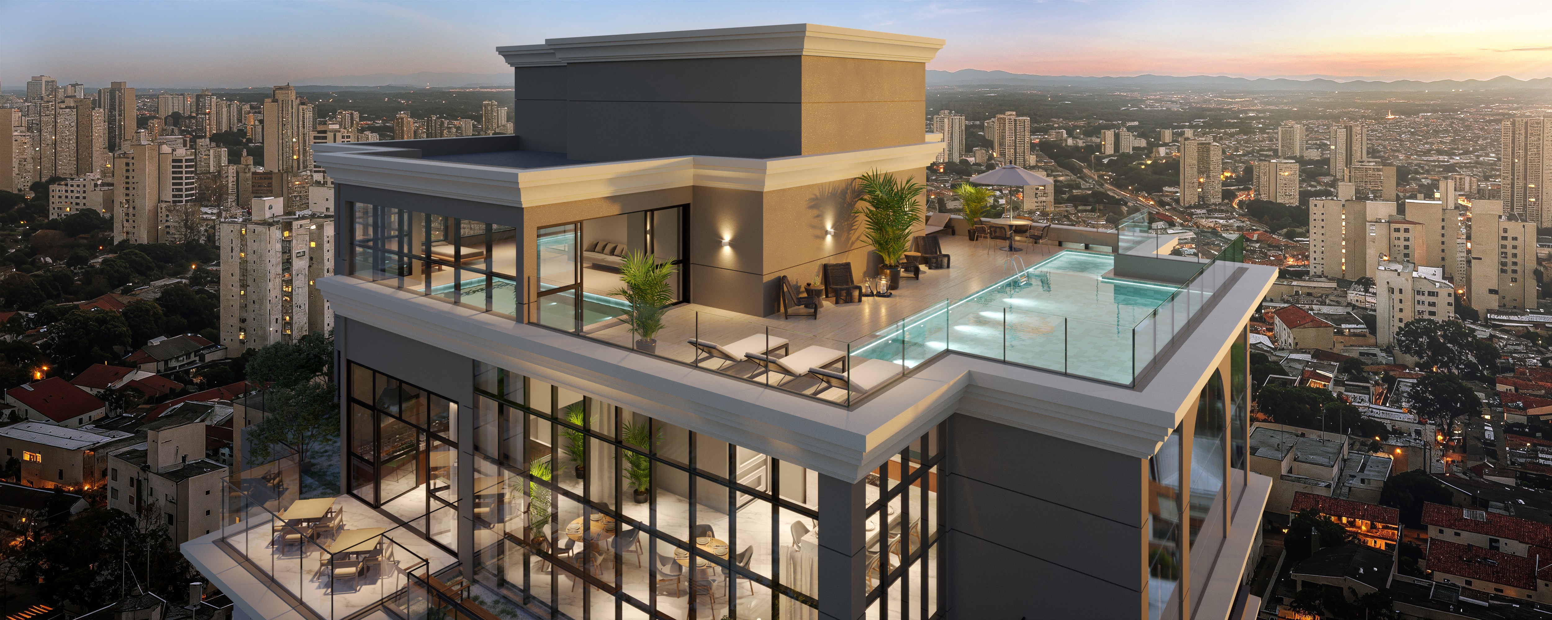 Curved modern skyscraper against a clear blue sky.