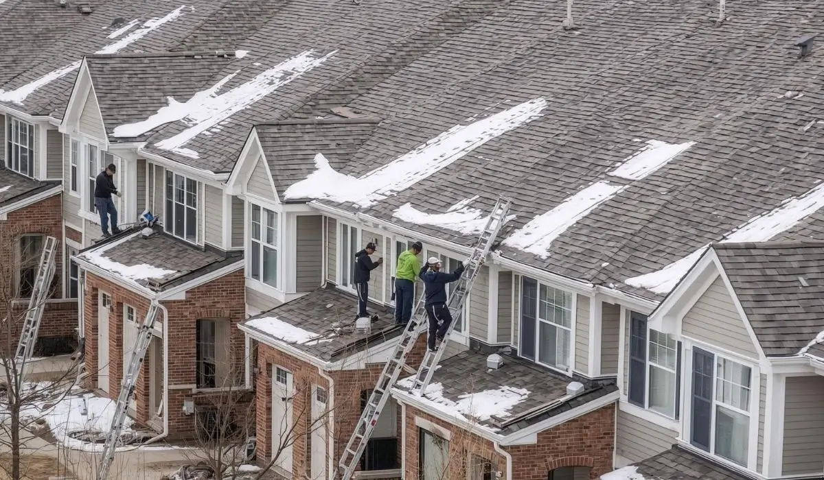 Roofing crew working on snow-covered multi-family townhouse roofs in Naperville during winter.