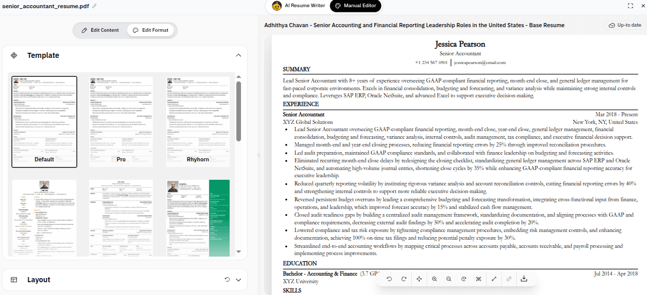 Scale.jobs AI-generated resume shown with a selection of 14 resume templates