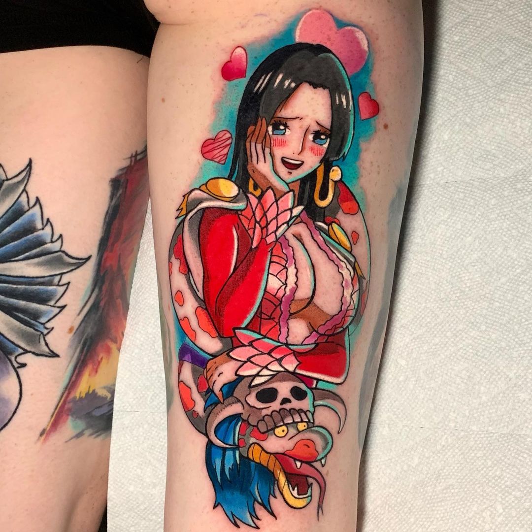 A tattoo of Boa Hancock by Bronson Coddington, featuring her in a playful and loving pose with hearts surrounding her, highlighting her softer side.