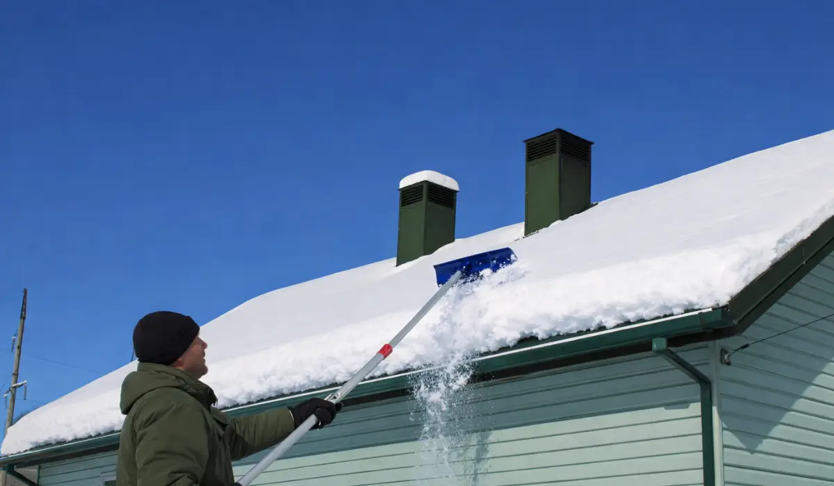 Homeowner performing roof snow removal in Illinois with a roof rake to clear heavy snow from a residential roof