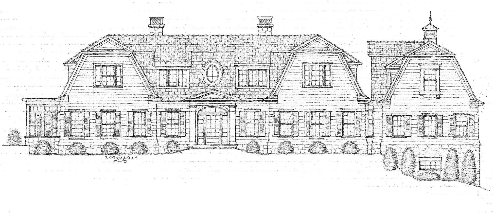 Hand-drawn front elevation of a shingle-style home