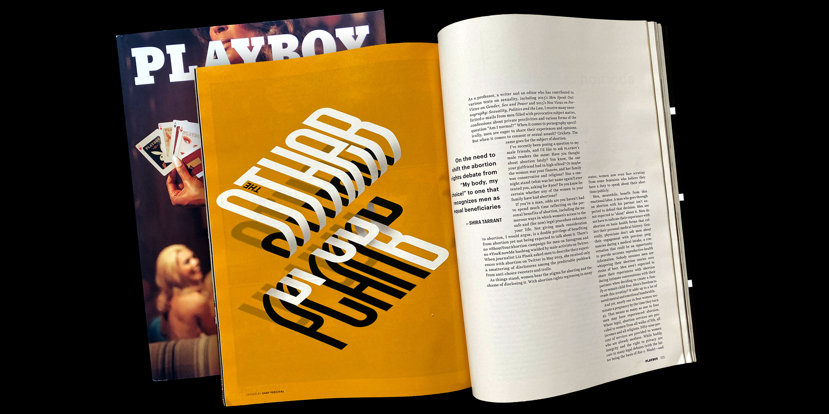 Typographic spread for Playboy Magazine with "The Other Plan B" in dynamic, layered text on a bold yellow background.