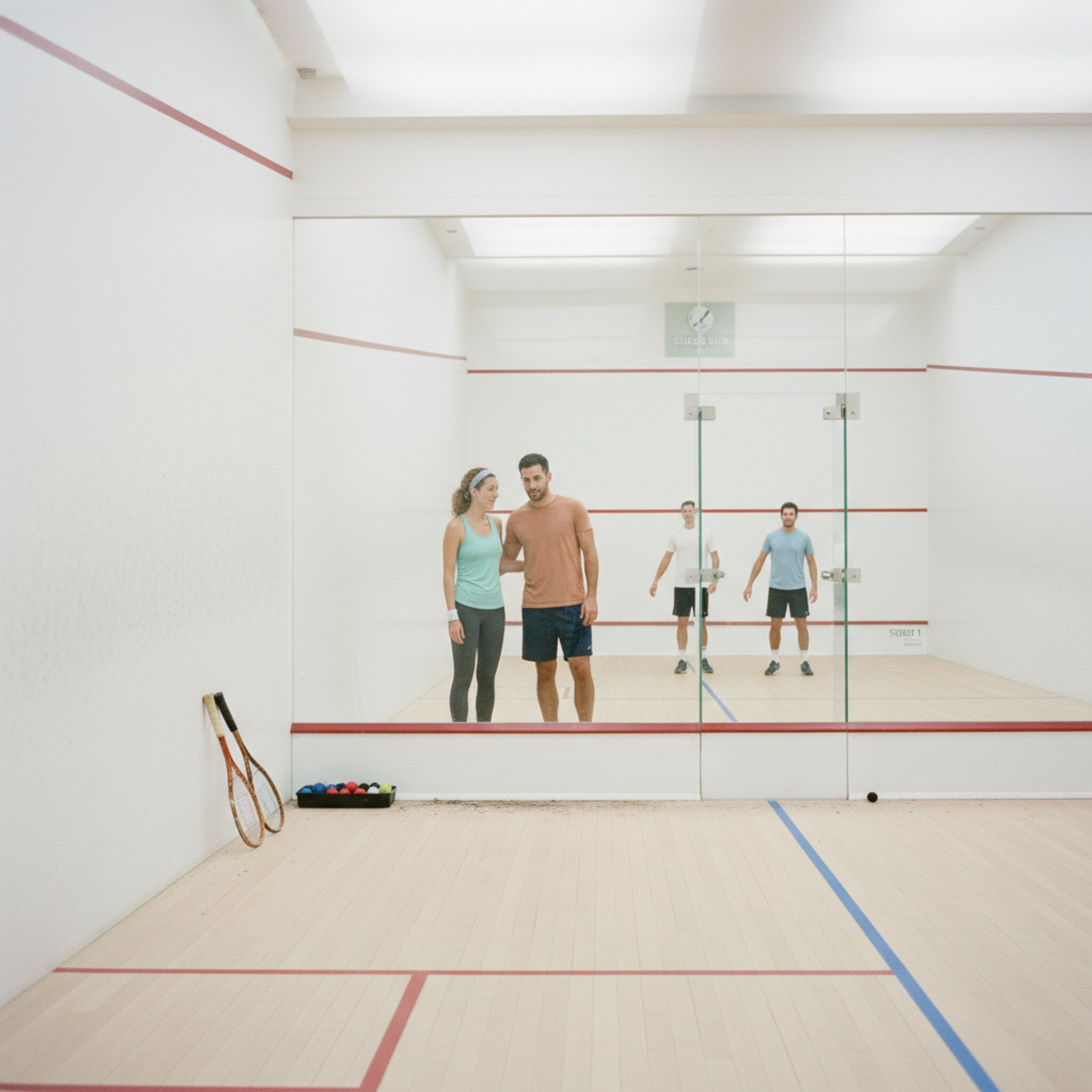 Ein leerer Court kurz vor Spielbeginn, die Linien scharf und das Licht gleichmäßig. An der Seitenwand liegen markierte Bälle und zwei Schläger griffbereit für das nächste Match. Hinter der Glaswand schaut ein Paar kurz hinein und macht sich bereit, während auf dem Nachbarcourt der letzte Ballwechsel ausklingt.