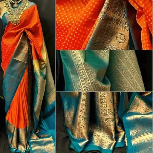 Bright Orange (Teal Green Border) Semi Kanchivaram Art Silk Saree