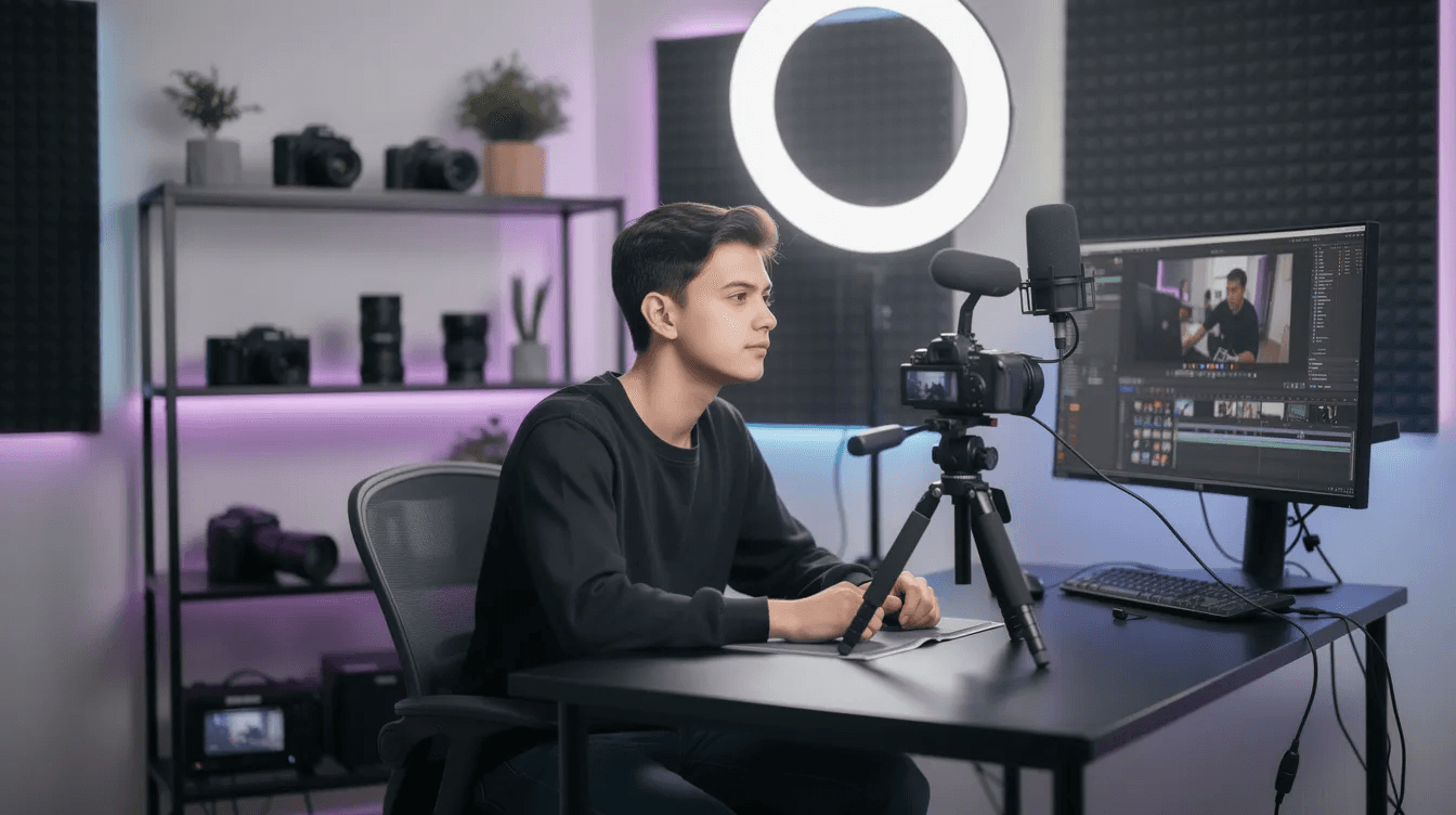 L'image montre un créateur de contenu en train de filmer une vidéo dans un studio moderne, équipé de lumières et de caméras professionnelles. Ce cadre dynamique illustre l'importance des stratégies marketing, telles que la création de lead magnets, pour attirer des prospects et générer des leads qualifiés.