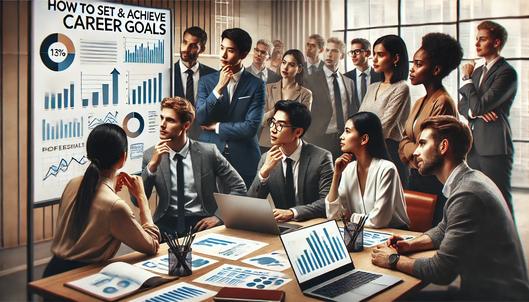 Blog cover image featuring a diverse group of professionals (Asian, Caucasian, Black, Hispanic) collaboratively strategizing in a modern office setting. They are focused on a digital board displaying charts and goals, surrounded by office essentials like a laptop, notepads, and pens. The scene conveys motivation, strategic planning, and teamwork, suitable for a professional audience interested in career goal setting.