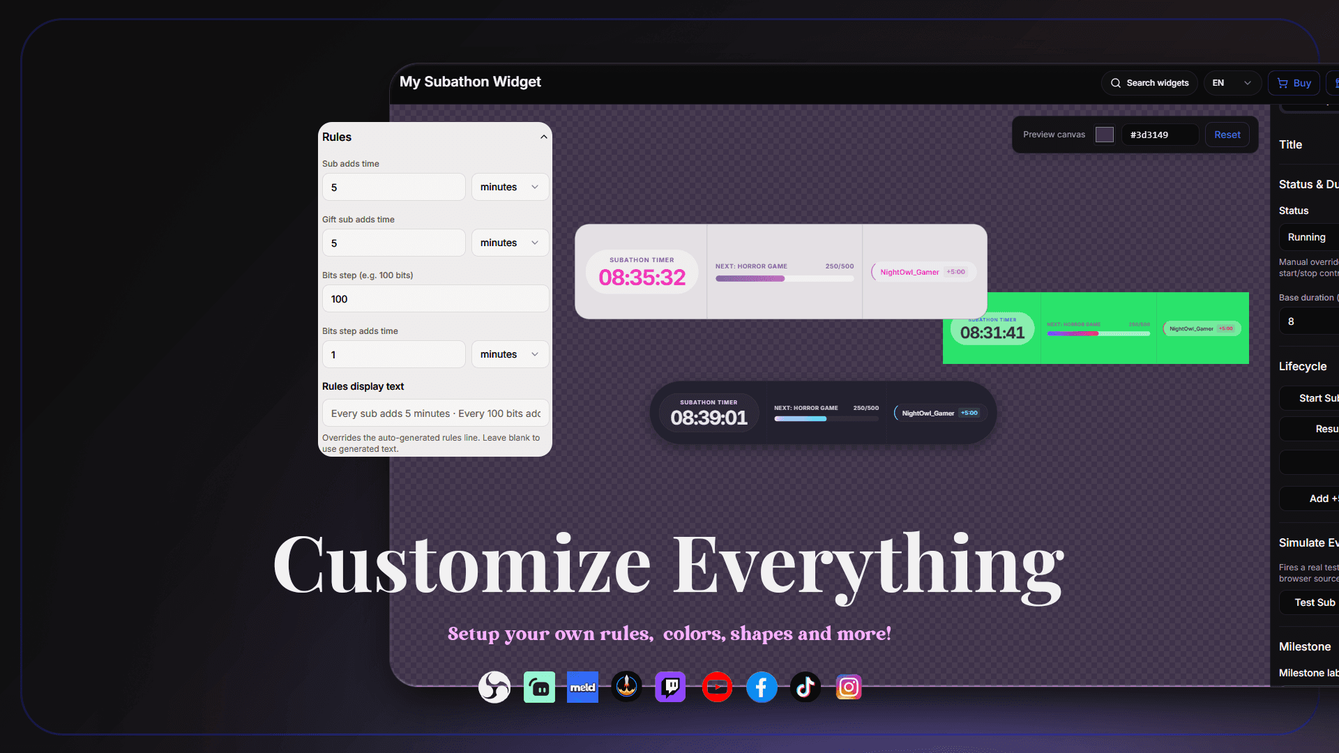 Subathon Widget editor preview showing configurable subscription and cheer rules, timer states, and visual customization options.