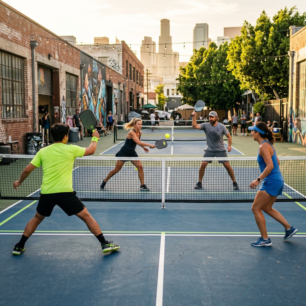 A mixed-level rally on the courts at golden hour