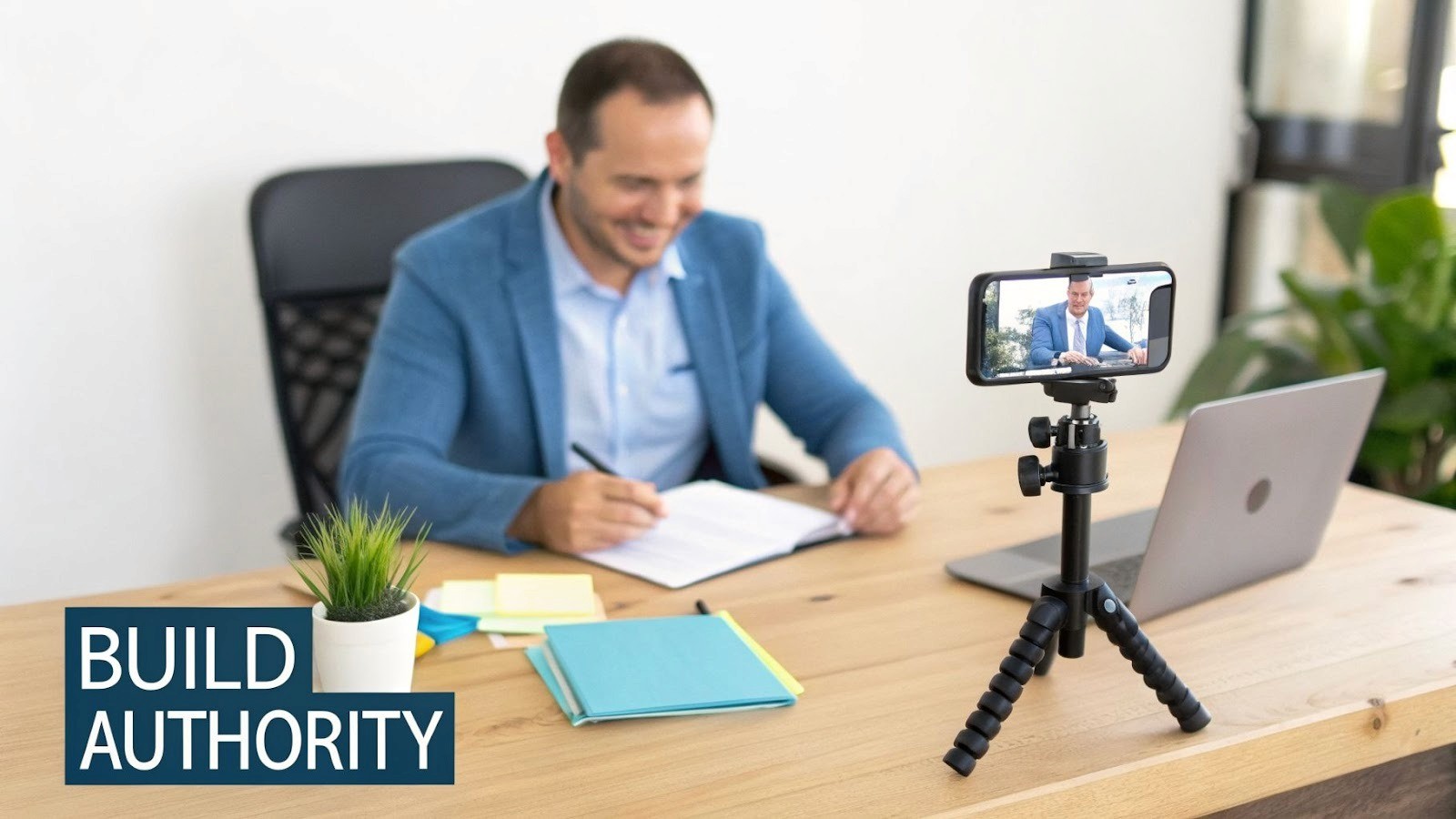 A man in a blue suit records a professional video on a smartphone at his office desk.