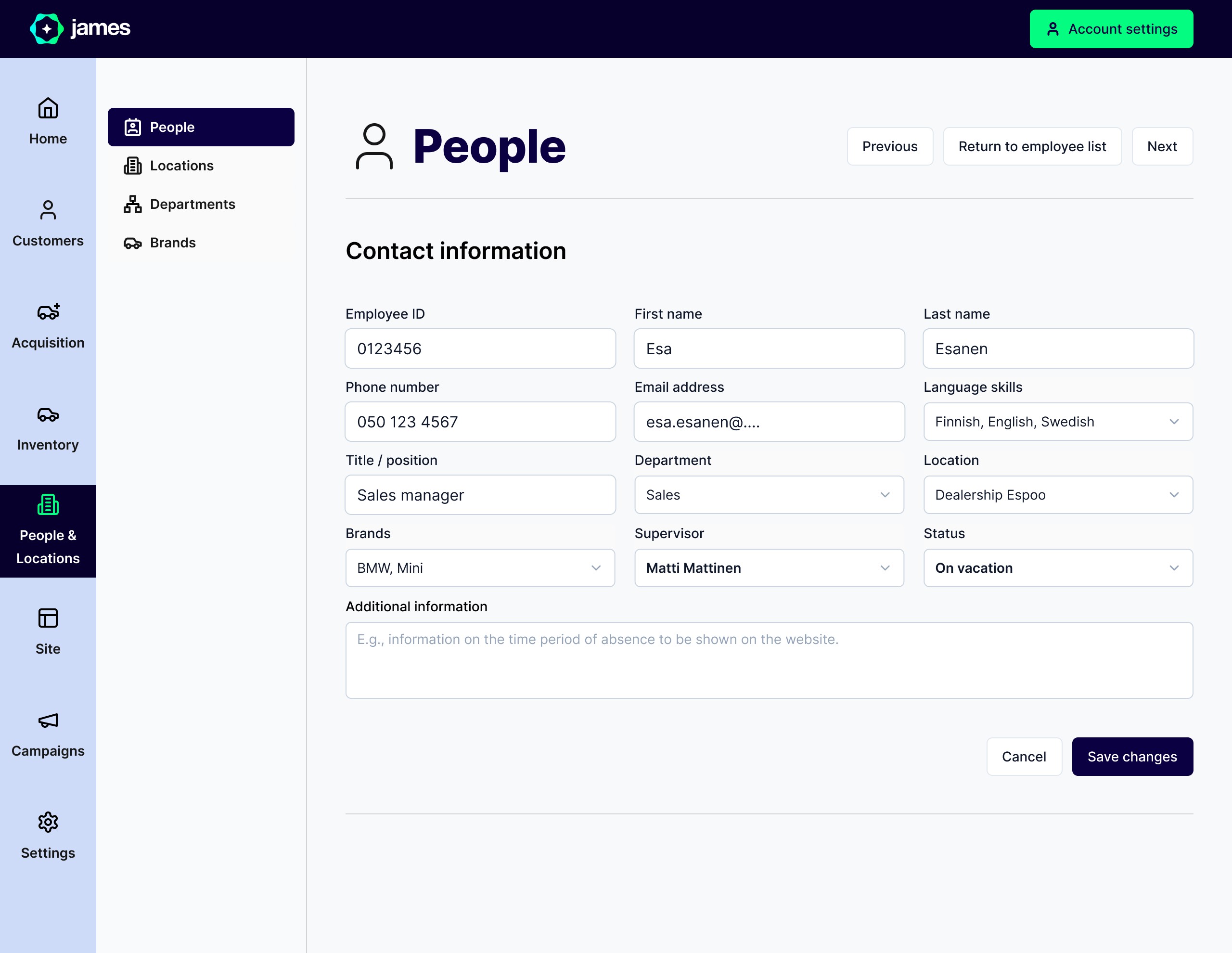 Yksittäisen henkilön tietojen näkymä