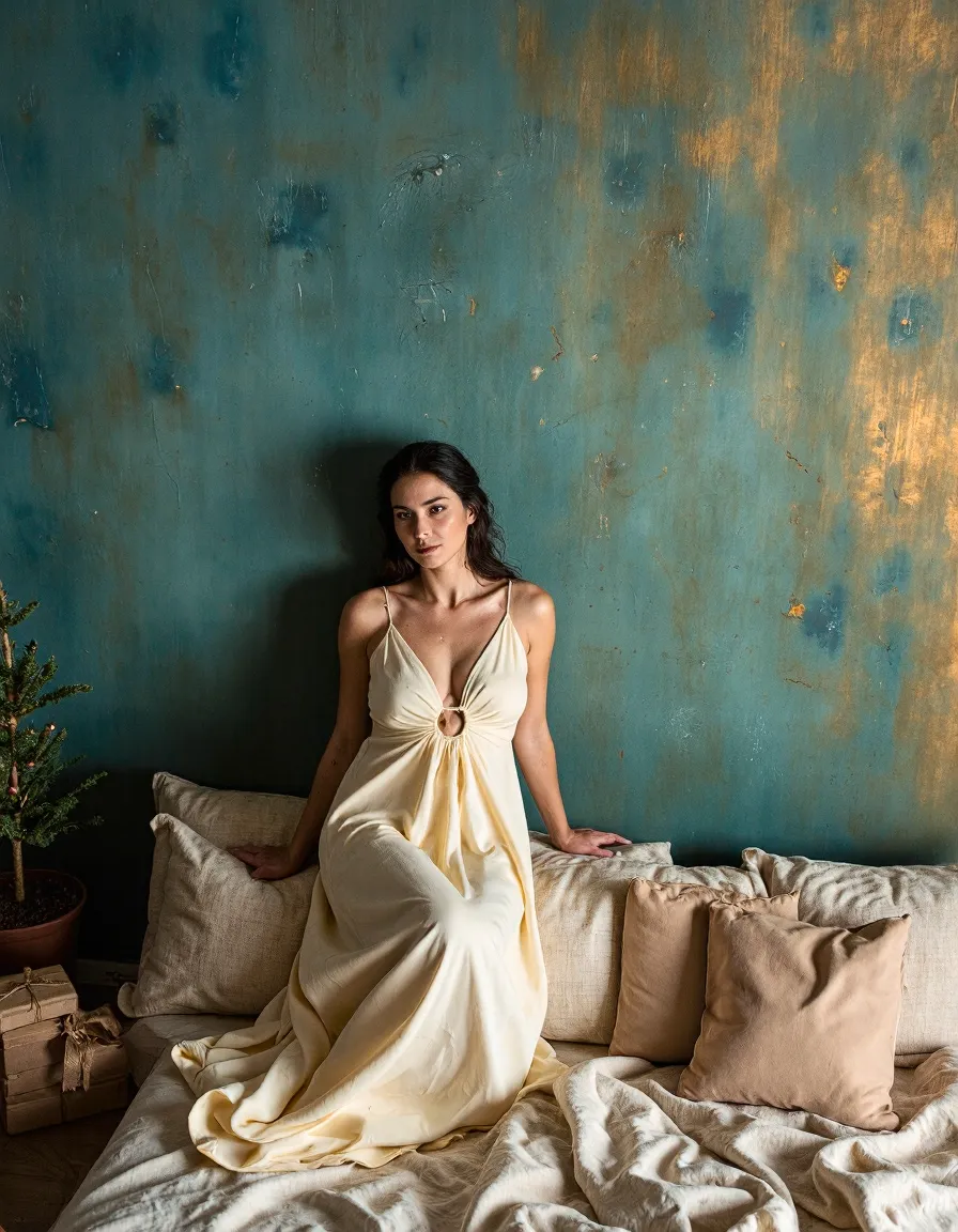 Woman in elegant cream dress on neutral couch against textured teal wall, professional fashion photography style