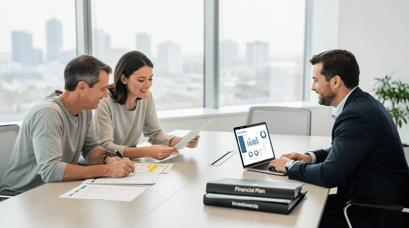 A couple is seated at a conference table, reviewing financial paperwork with a financial advisor in a bright, well-lit room. The scene reflects an atmosphere of collaboration, as they discuss tax planning and investment strategies to make informed decisions regarding their wealth and future financial goals.