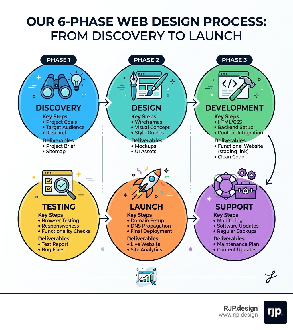 6-phase web design process infographic from discovery to launch with key steps and deliverables - web design agency near me
