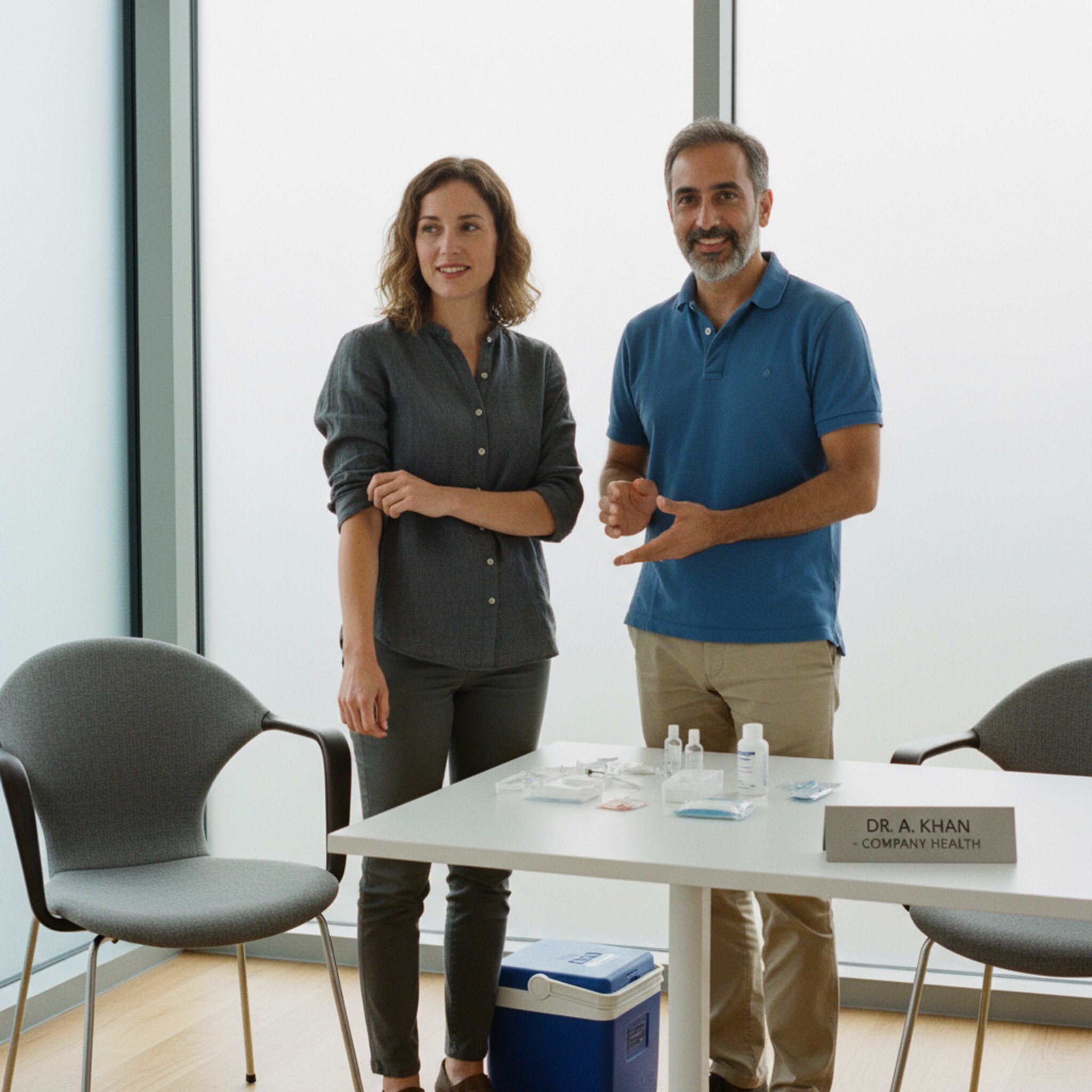 In einem hellen Besprechungsraum steht eine mobile Impfstation mit zwei Stühlen und einem kleinen Tisch. Eine Mitarbeiterin rollt den Ärmel hoch, der Betriebsarzt erklärt ruhig den Ablauf. Eine Kühlbox steht griffbereit neben einem Namensschild. Die Atmosphäre ist effizient, vertraut und diskret.