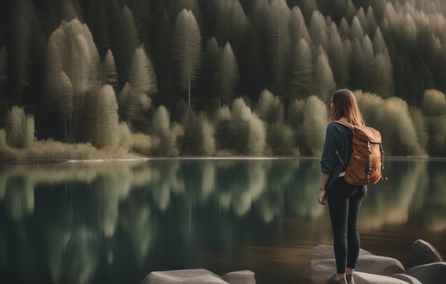 woman rucking by the lake