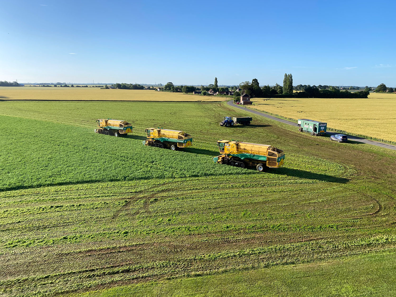 Aerial photo of three pea harvesters working in a green field. In the bacvkground are several other farm vehicles. The sky is blue