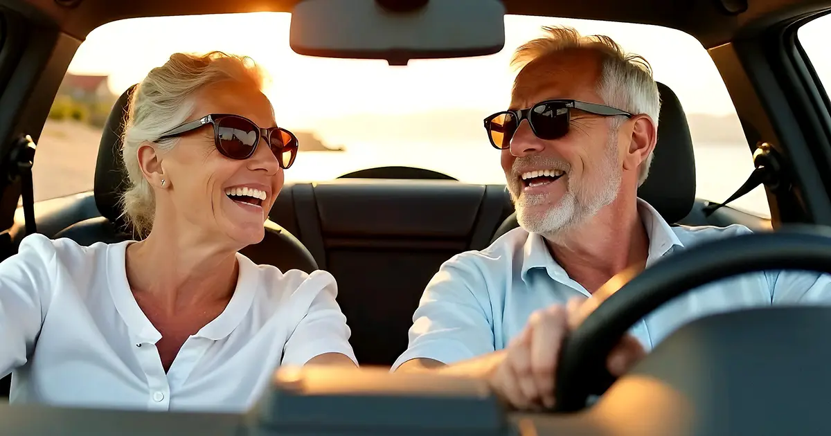 Illustration of a man and a woman driving a car, where the man, who is the driver, has been honored for glaucoma.