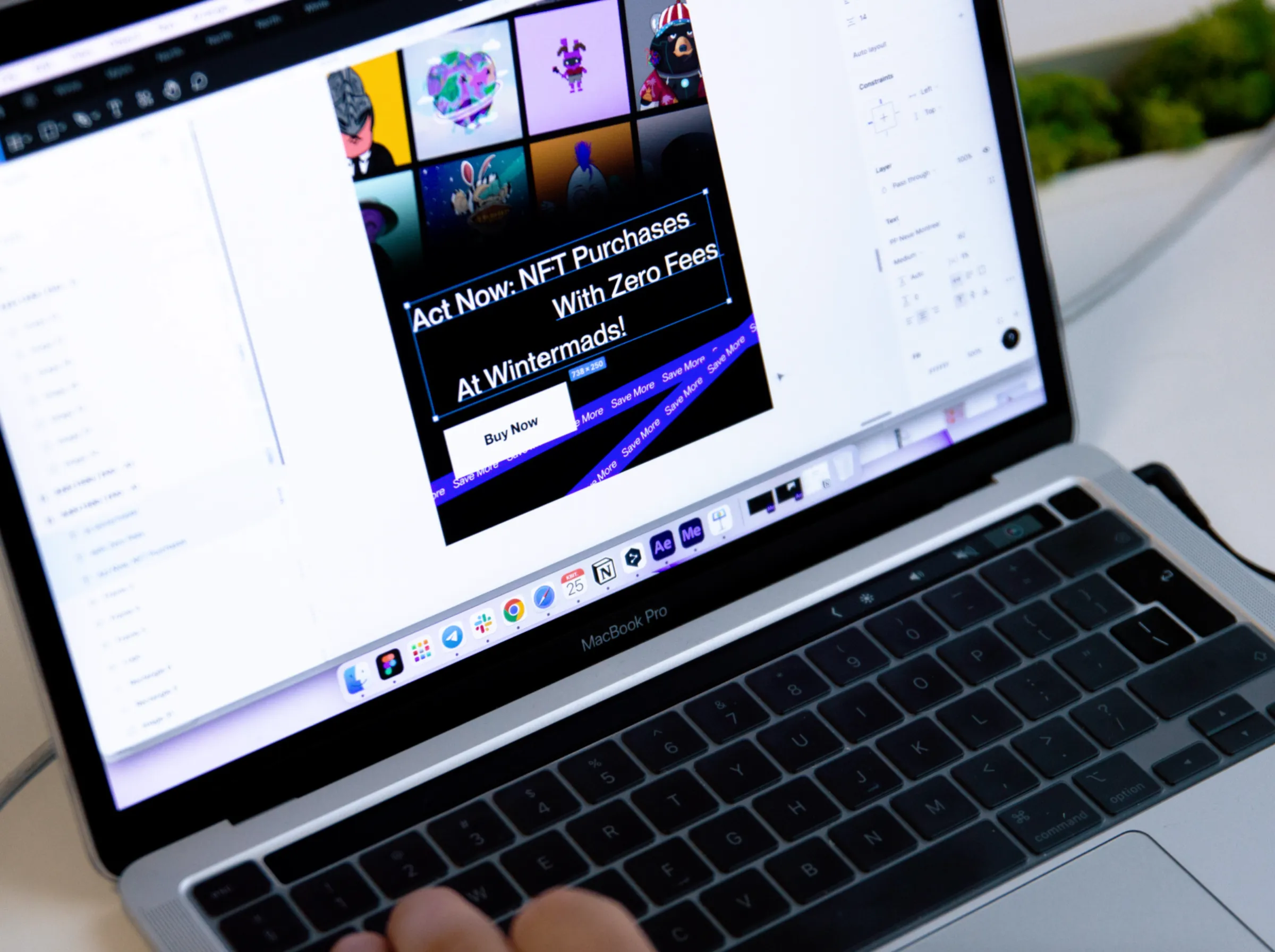 Detailed view of the Figma interface on a MacBook: a designer is editing the layout and typography of a web design concept for an NFT marketplace.