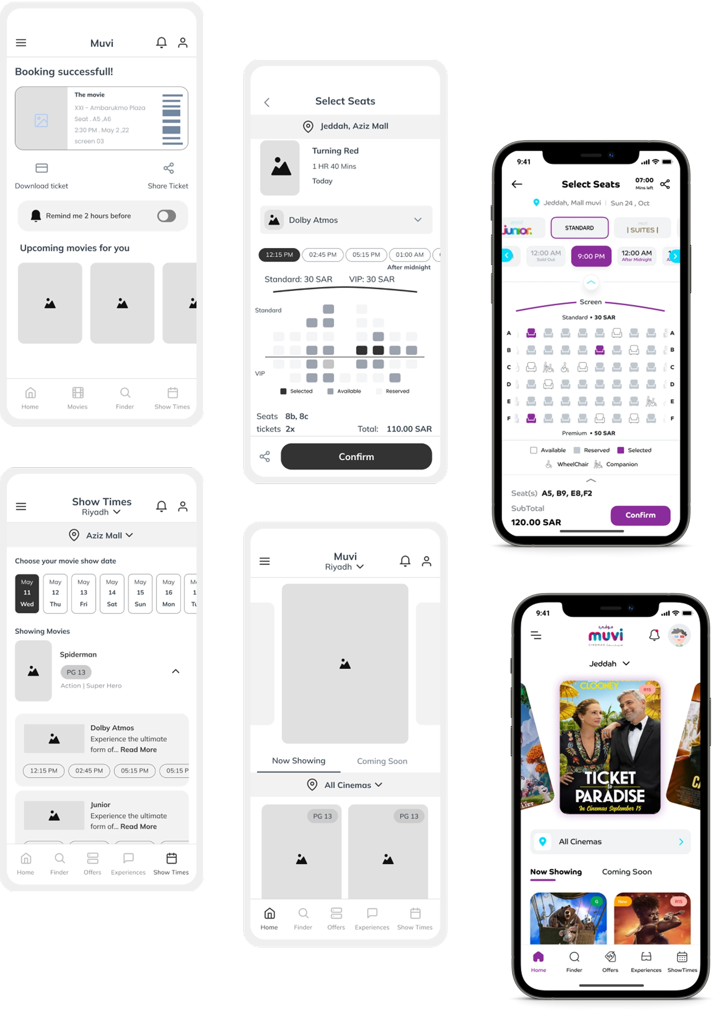 Muvi Cinema app wireframes and final UI showing seat selection, booking flow,
