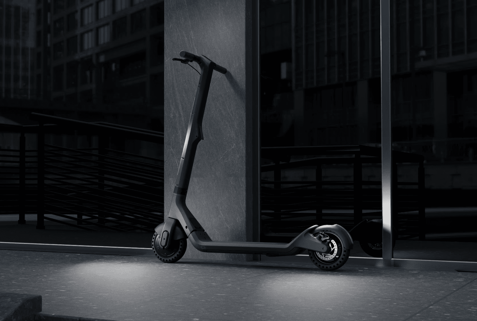 Industrial design visualisation of an electric scooter concept in a city environment
