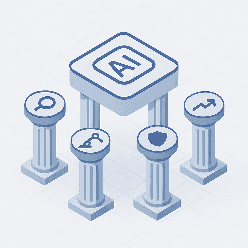 Four-pillar abstract diagram symbolizing analytics, automation, compliance, and ROI supporting AI search success