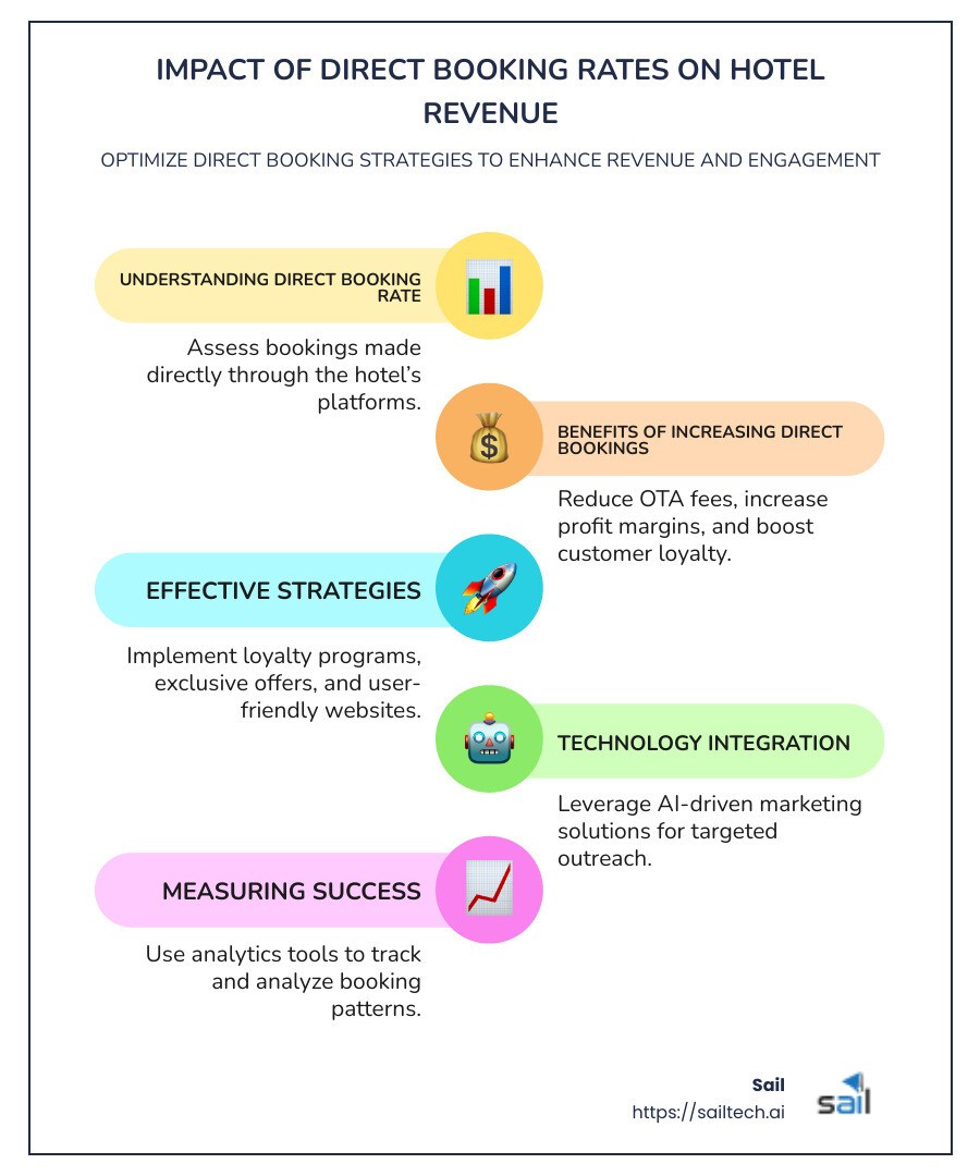 Overview of how direct booking rates impact hotel revenue and guest engagement - direct booking rate infographic infographic-line-5-steps-colors