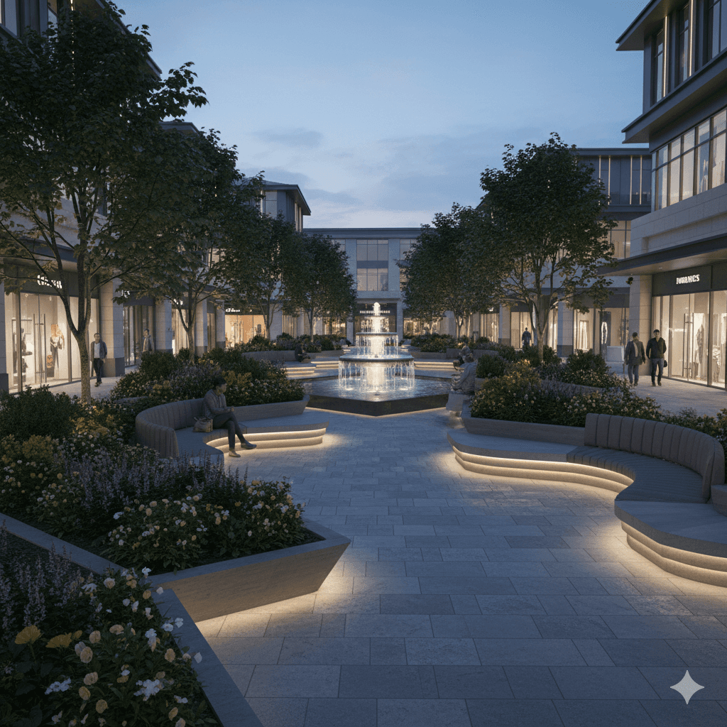 Beautiful lush green landscaping open plazas commercial development