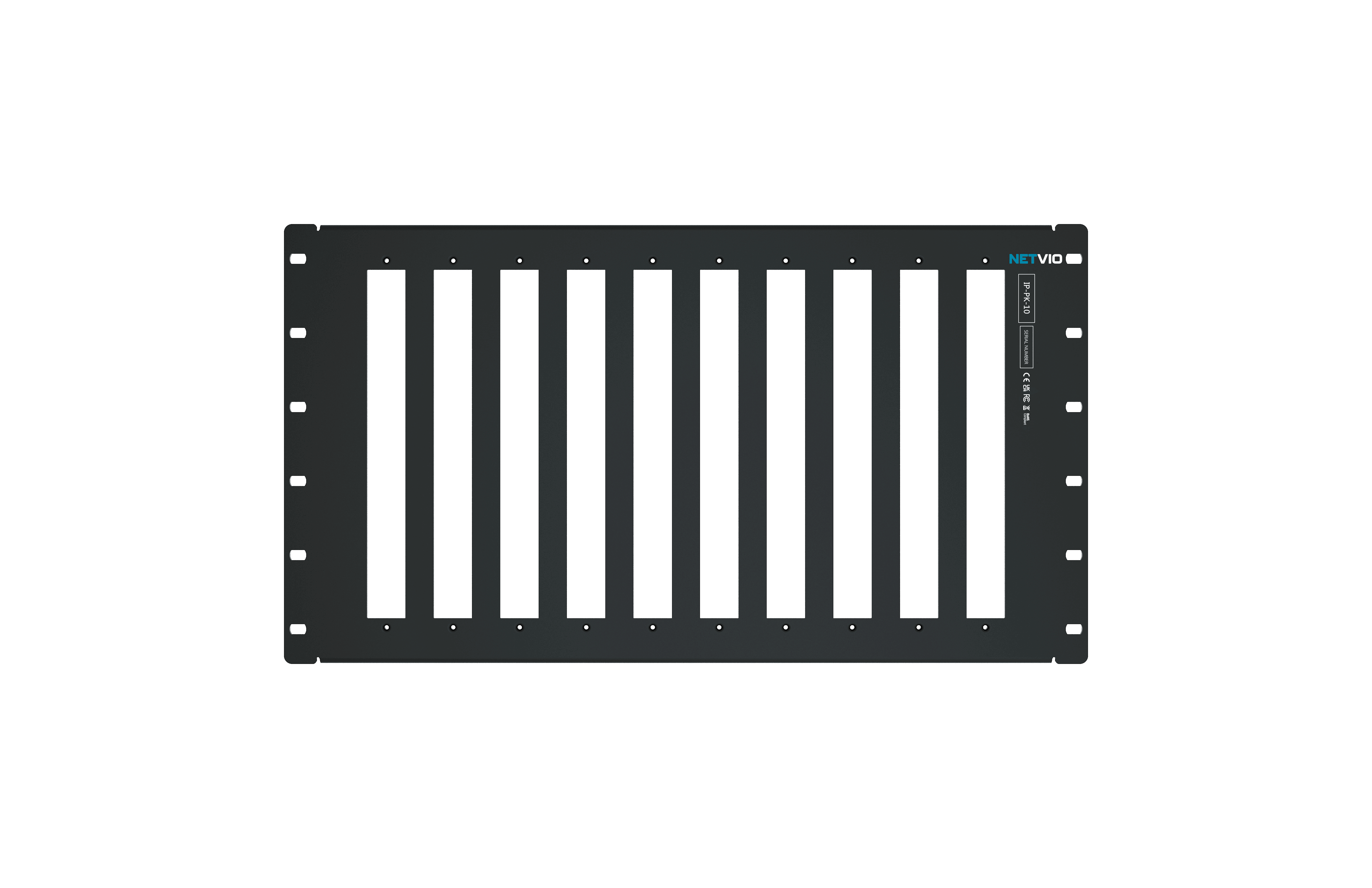 Black rack mount panel with many slots. NETVIO logo.