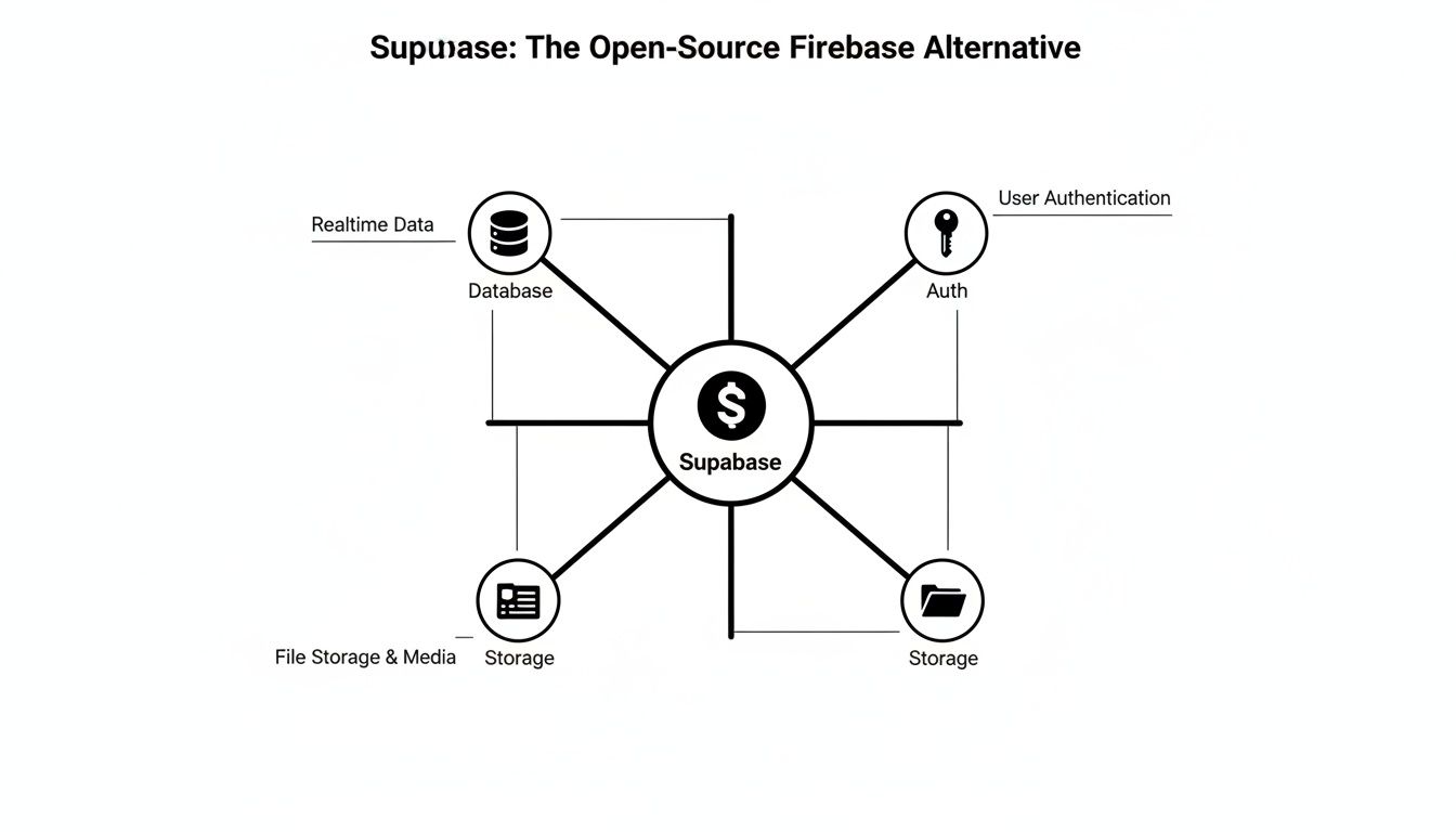 Diagram showing Supabase as a central platform connecting to database, authentication, and storage services.
