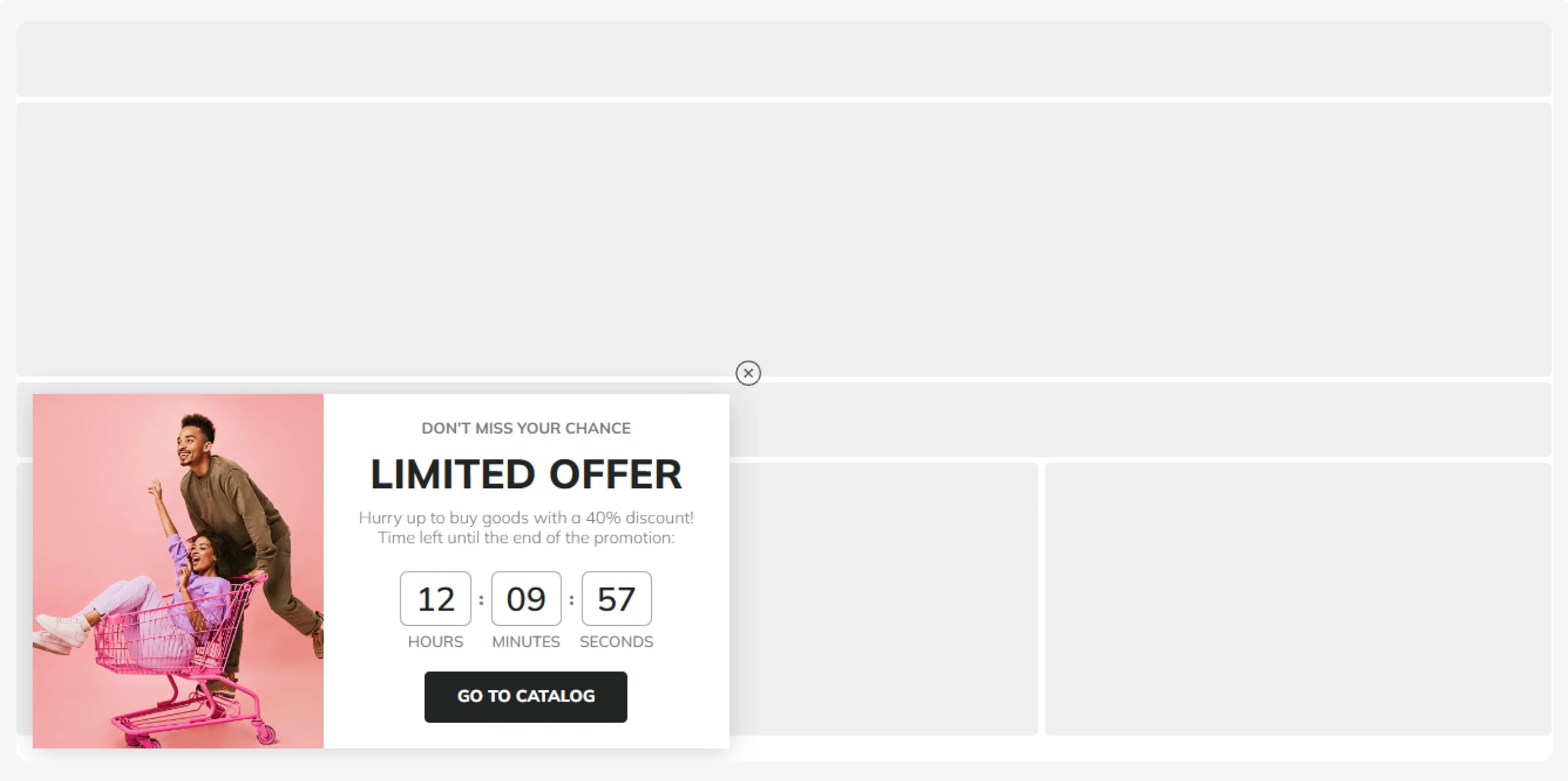 Claspo slide-in, also known as a floating box popup template with a countdown timer and a limited offer