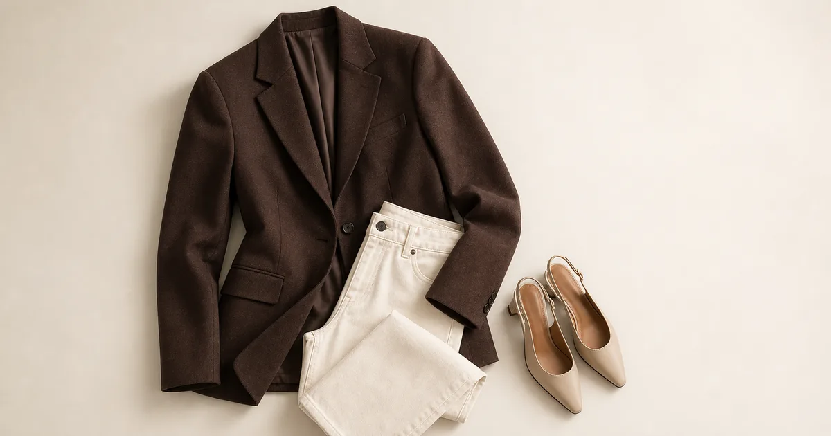 A chocolate brown wool blazer laid flat with cream jeans and nude slingback heels on a warm ivory background