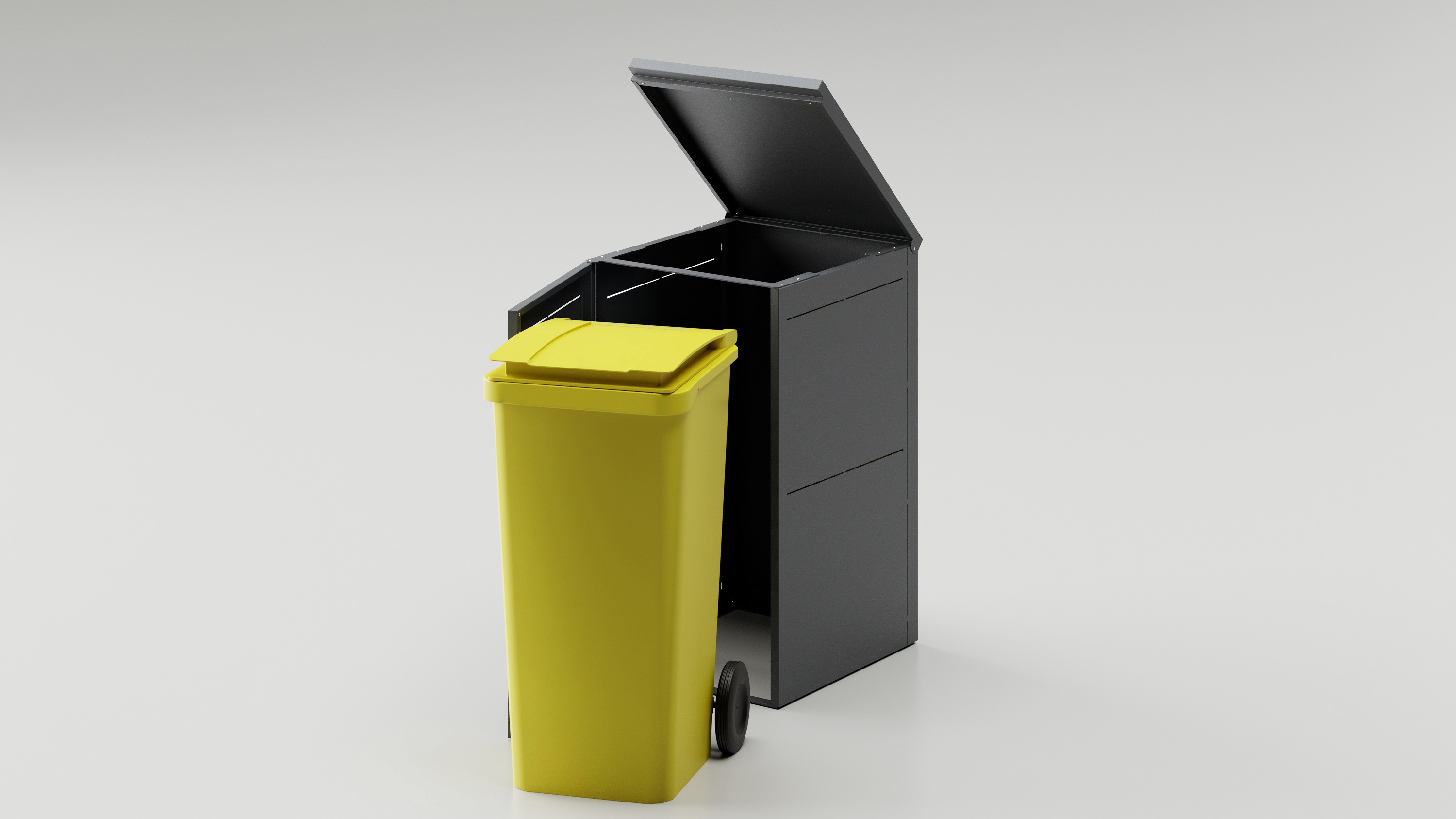 BinBox aperto in acciaio antracite con bidone giallo della spazzatura
