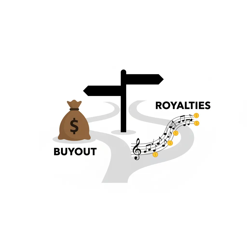 A split-panel graphic. The left side is labeled "CREATIVE FEE" with an icon of a brain creating a soundwave. The right side is labeled "KILL FEE" with an icon of a shield protecting a musical note from a falling "Canceled" stamp.